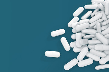 A lot of white pills scattered on a blue background. 3d illustration