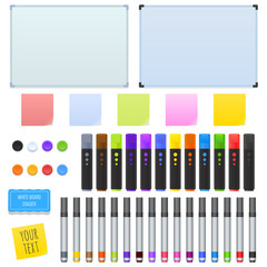 Set of markers, white board, sponge sticker, vector realistic set of office supplies.