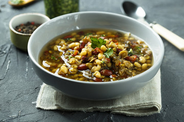 Homemade soup with beans and lentils