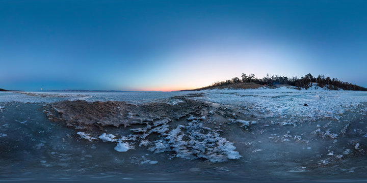 Dawn on a sandy beach on the island of Olkhon. Spherical 360 degree vr panorama