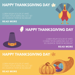 Thanksgiving day congratulation horizontal banners set with images of traditional holiday symbols on colorful backgrounds. Flat vector illustration of autumn family event.