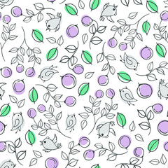 Floral background. Hand-drawn seamless pattern with birds and berries. Color vector illustration on white background.  