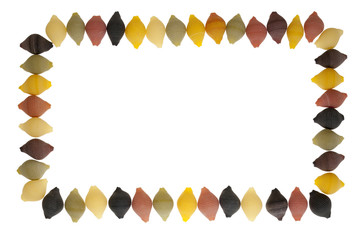 Decorative frame from five color shell pasta, isolated on white background