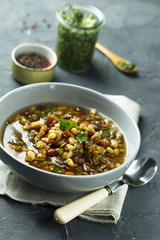 Homemade soup with beans and lentils