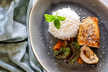Meals: Lunch and dinner.  Food ready to eat .Chicken roll with rice and vegetables