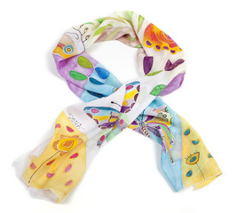 Hand painted silk scarf with butterflies and colorful flowers and motifs isolated on white