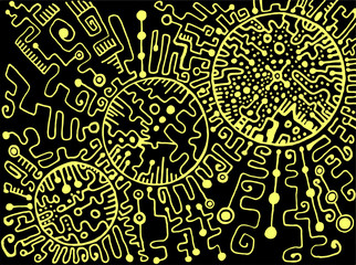 Psychedelic space cyberpunk style, yellow outline on a black background