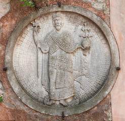 Byzantine Emperor with globe and labarum ancient relief on a Venice wall ( around 12th century)
