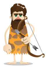 Naklejka premium Cartoon old caveman with a bow and arrow. Vector illustration of a man from the stone age.