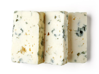 Blue cheese slices isolated on white, from above