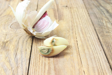 Moldy garlic on wooden table