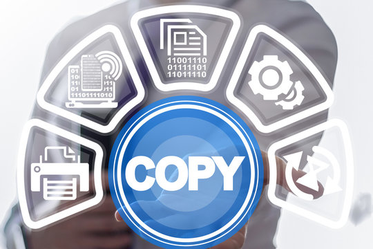 Young woman offers a copy word on a virtual panel. Copy Digital Process Office Work concept.