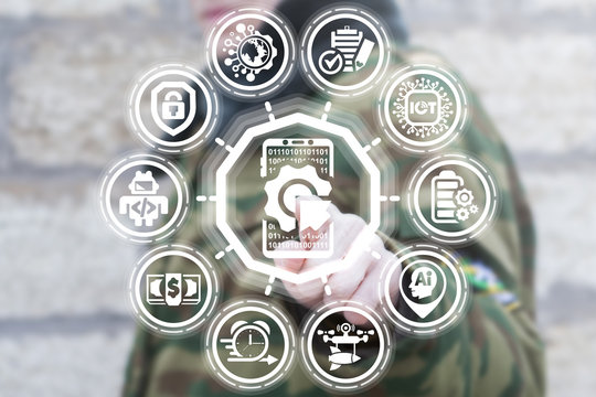 Soldier clicks a smartphone with integration wheel button on a virtual panel. Mobile management application API modern army information technology. Soldiers smart phone mobility communication. - Powered by Adobe
