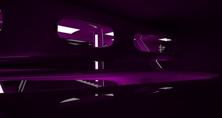 Abstract interior of the future in a minimalist style with violet sculpture. Night view . Architectural background. 3D illustration and rendering