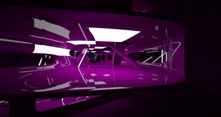 Fototapeta premium Abstract interior of the future in a minimalist style with violet sculpture. Night view . Architectural background. 3D illustration and rendering