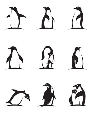 collection of black penguin icons isolated on white background