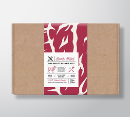 Premium Quality Lamb Fillet Craft Cardboard Box. Abstract Vector Meat Paper Container with Label Cover. Packaging Design. Modern Typography and Hand Drawn Sheep Silhouette Background Layout.