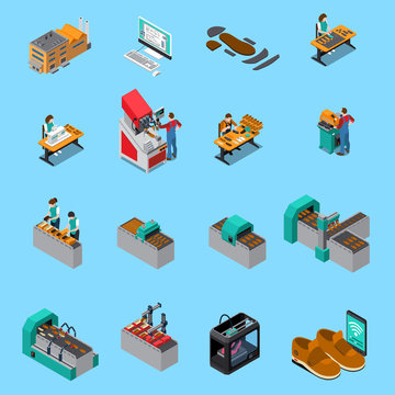 Footwear Factory Isometric Icons Set