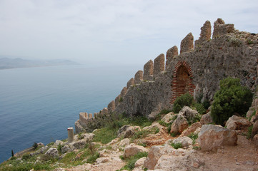 fortress wall leaves at sea, Alania Turkey