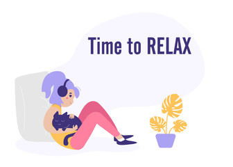 Time to relaх. Girl resting and listening music. Flat style.