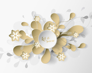 Christmas light background with white and golden snowflakes.