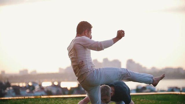 Athletic men show elements of the martial art of capoeira on the grass, summer