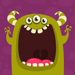 Halloween cartoon green horned monster with thee eyes. Vector illustration isolated