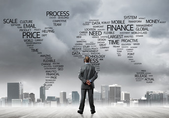 Motivation and inspiration concept with modern cityscape and businessman observing it