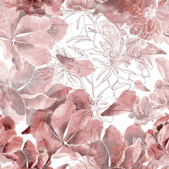 imprints sakura blossom mix repeat seamless pattern. digital hand drawn picture with watercolour texture. mixed media