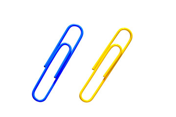 Blue and yellow paper clips, A tool used for office, isolated on white background