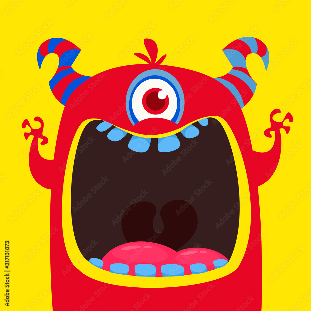 Wall mural Funny red one eyed horned cartoon monster. Funny  monster with mouth opened wide. Halloween vector illustration