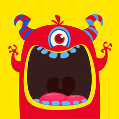 Funny red one eyed horned cartoon monster. Funny  monster with mouth opened wide. Halloween vector illustration © drawkman