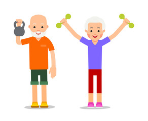 Old people doing exercises with dumbells and kettlebell. Pensioners and gymnastics with weights. Senior people making morning exercises. Grandparents and Sport. Cartoon illustration isolated