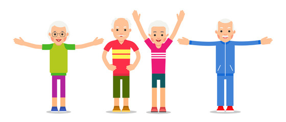 Obraz premium Old people doing exercises. Group pensioners and gymnastics. Senior people making morning exercises. Grandparents and Sport. Cartoon illustration isolated on white background in flat style