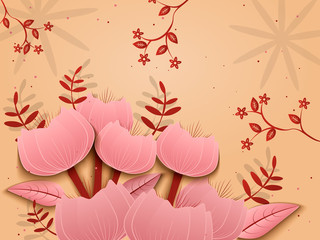 Greeting Card with pink flowers of paper art. Vector Design for your greetings card, flyers, invitation, poster, brochure, banner, calendar.