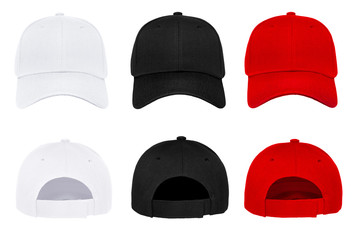 Blank baseball cap 3 color front and back view on white background