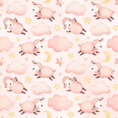 Watercolor illustration of cute sheep. Seamless pattern