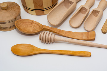 wooden kitchen utensils on a white background