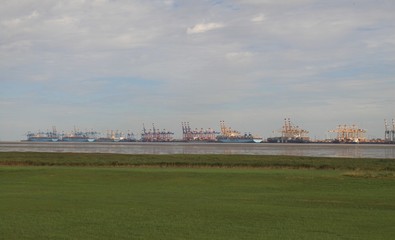 Fototapeta premium Blick vom Deich in Blexen über die Weser auf den Containerterminal in Bremerhaven