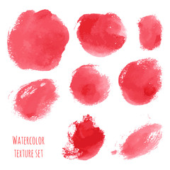 Vector set of red, pink watercolor hand painted texture backgrounds isolated on white. Abstract collection of acrylic dry brush strokes, stains, spots, blots. Creative grunge makeup frame, drawing.