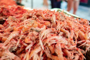 Closeup of a pile of shrimp on market