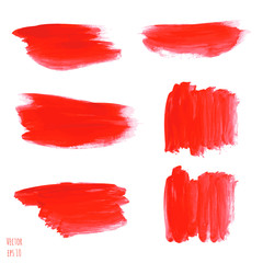 Set of bloody red vector watercolor hand painting dry brush stroke textures. Collection of grunge stains, splash, spot, drops design elements isolated on white background. Gouache, acrylic art.