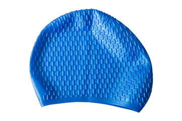 blue rubber cap for swimming and for water sports, equipment for a pool, on white background, isolated
