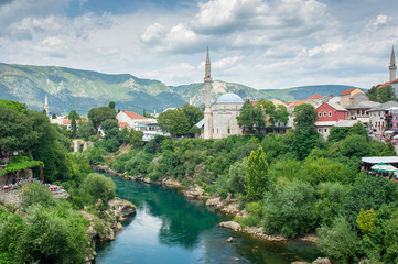 Mosque and river in Mostar, Bosnia