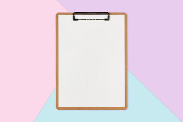 Clipboard with white sheet on pastel color background, Minimal concept