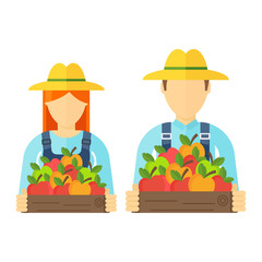 Apple picking logo, man and woman with apple. Farmers characters. Flat vector cartoon illustration. Objects isolated ongreen background.