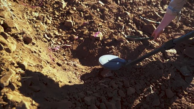 Metal Detector being held over exposed rocks by a geologist to look for gold