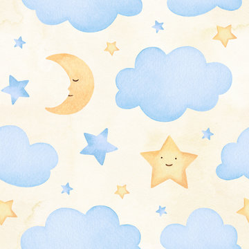 Watercolor illustrations of stars and clouds. Cute seamless pattern