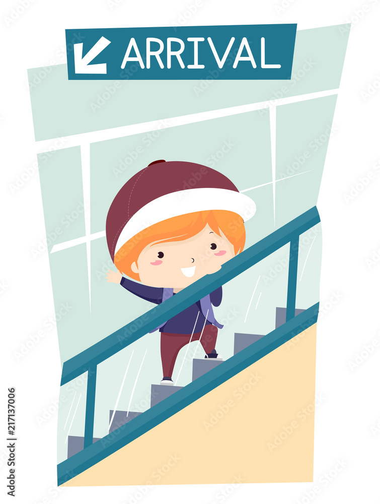 Poster kid boy airport arrival escalator illustration