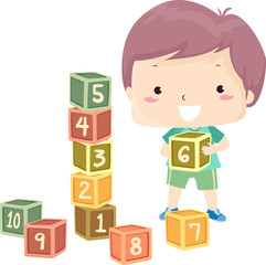 Kid Boy Count Numbers Cube Tower Illustration